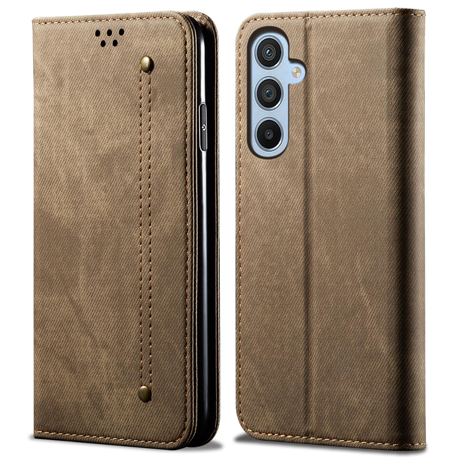 

For Samsung Galaxy A35 5G Wallet Case Jeans Cloth Texture PU Leather Cover Khaki