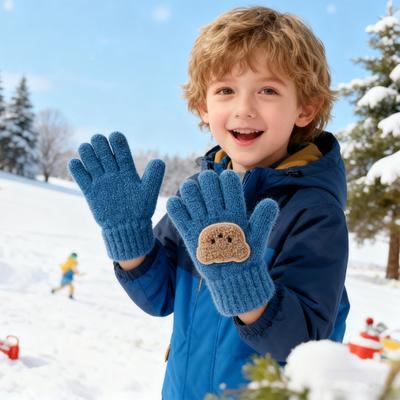 Kinder Strickhandschuhe Dehnbare Vollfingerhandschuhe Stickerei Bär Warme Winterhandschuhe für Jungen Mädchen 3 bis 7 Jahre alt Radfahren Sport