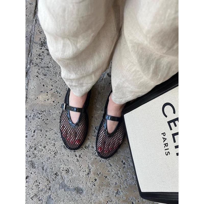 Cowhide version~ Sandals one-word buckle band ballet shoes women's full diamond flats hollowed out Mary Jane single shoes fishnet shoes