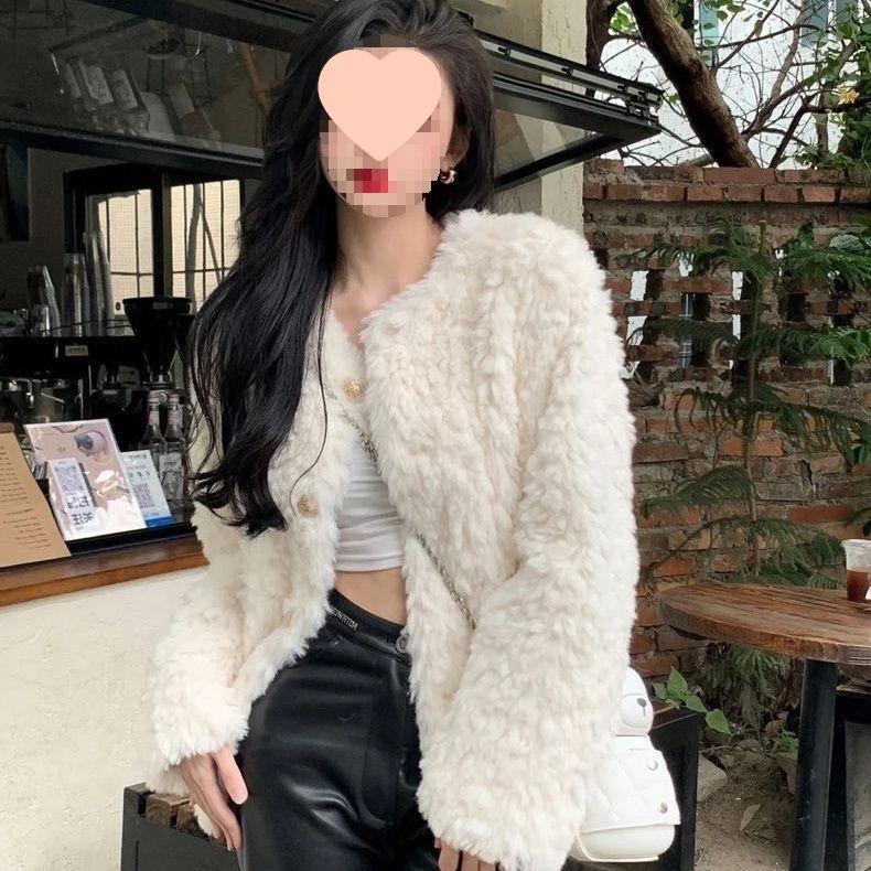 2025 Autumn/Winter Women's Petite Loose Lambswool Coat - Small Fragrance Style, Thickened Fur, Top Cotton Fabric.