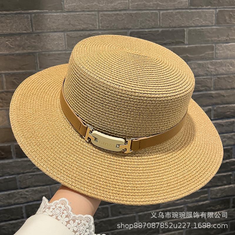 French retro straw hat women's sunshade sunscreen summer hat sun hat belt buckle outdoor woven Hepburn top hat