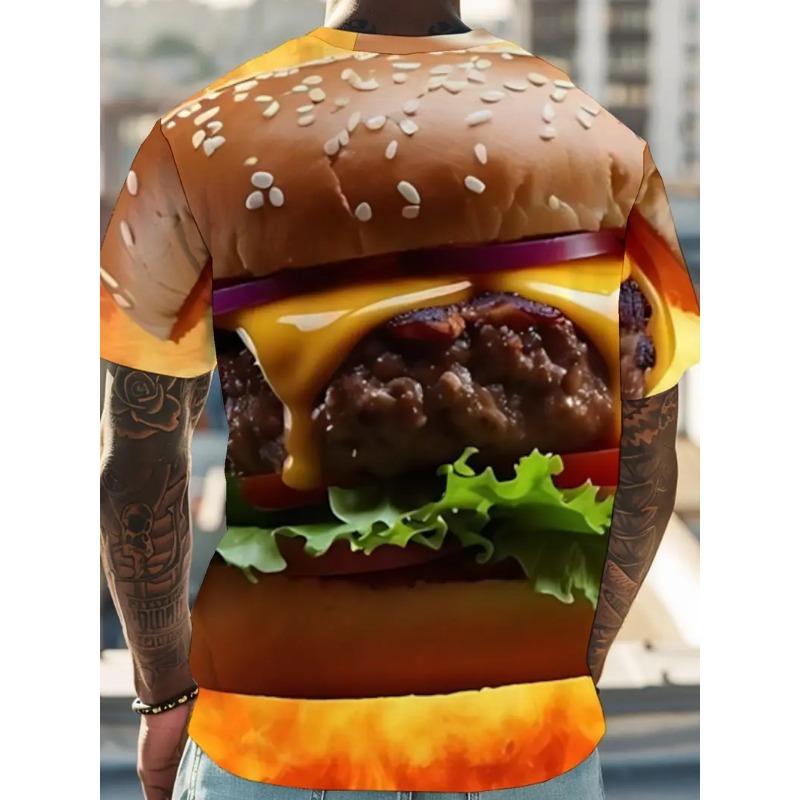Large Men's French Fries Hamburger Pattern 3D Printed Men's Round Neck Short Sleeved T-shirt Summer Fashion T-shirt Casual Comfortable Versatile Top