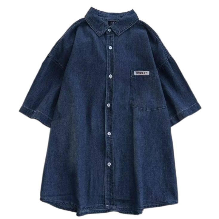 Summer short-sleeved denim shirt trendy solid color ruffian handsome Hong Kong style thin Japanese shirt casual jacket