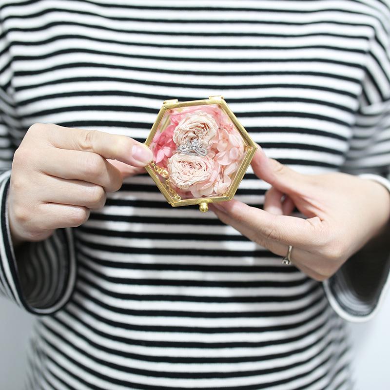 Hexagonal Engagement & Wedding Ring Box - Transparent Glass Jewelry Storage Gift Box