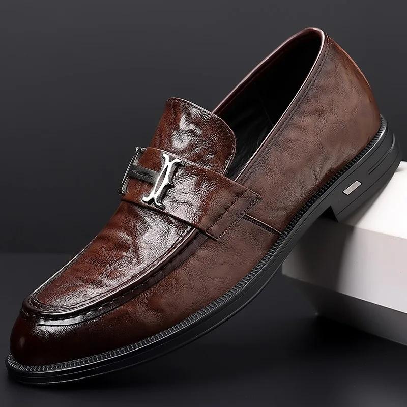 

2024 New Men s Leather Shoes Soft Sole Casual Business Versatile Dress Shoes British Style Cow Leather Men s Footwear 43 коричневий