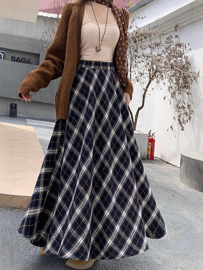 Thickened Warm Wool Retro Plaid Umbrella Skirt - 2025 Autumn/Winter Collection