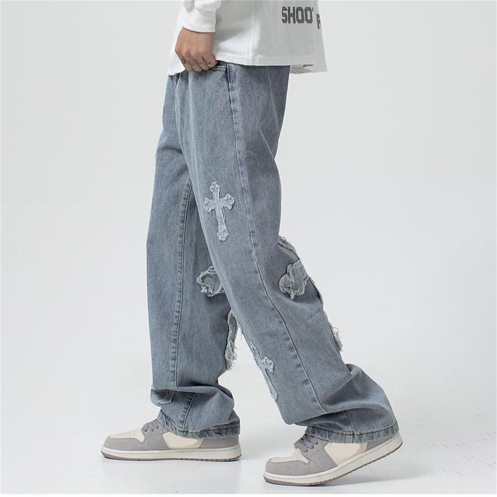 

(Куниде) Модные мужские уличные брюки в стиле High Street Underground, прямые джинсовые брюки в стиле хип-хоп с перекрестным принтом, уличные брюки