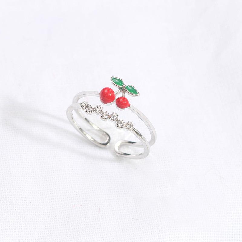 

Color Retention Sweet And Cute Dripping Cherry Ring, Simple Double-Layer Micro-Inlaid Zircon Adjustable Ring opening adjustable
