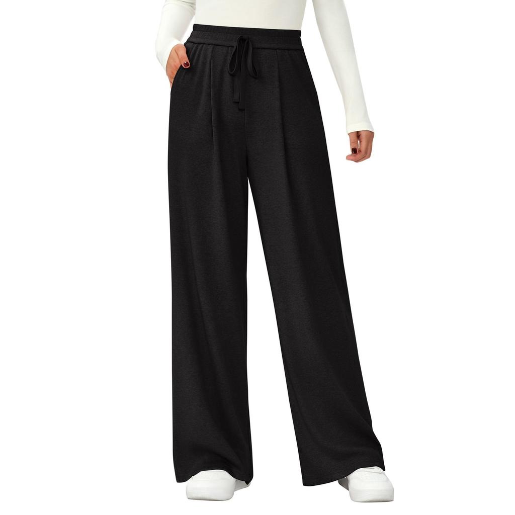 Fashion Women's Elastic High Waist Knitted Casual Wide Leg Pants With Pockets
