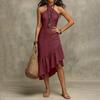 Damen Neck Ärmellos Asymmetrisch Rüschensaum Midi Sommerkleid Lässig Sommer Strand Schlank Passendes Kleid