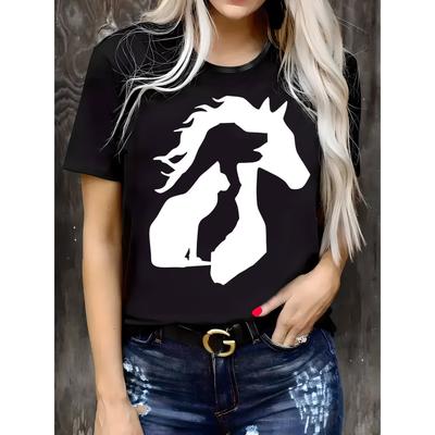 Women'S Casual Black T-Shirt with White Horse Print - Round Neck, Short Sleeves,Comfortable Top for All Seasons