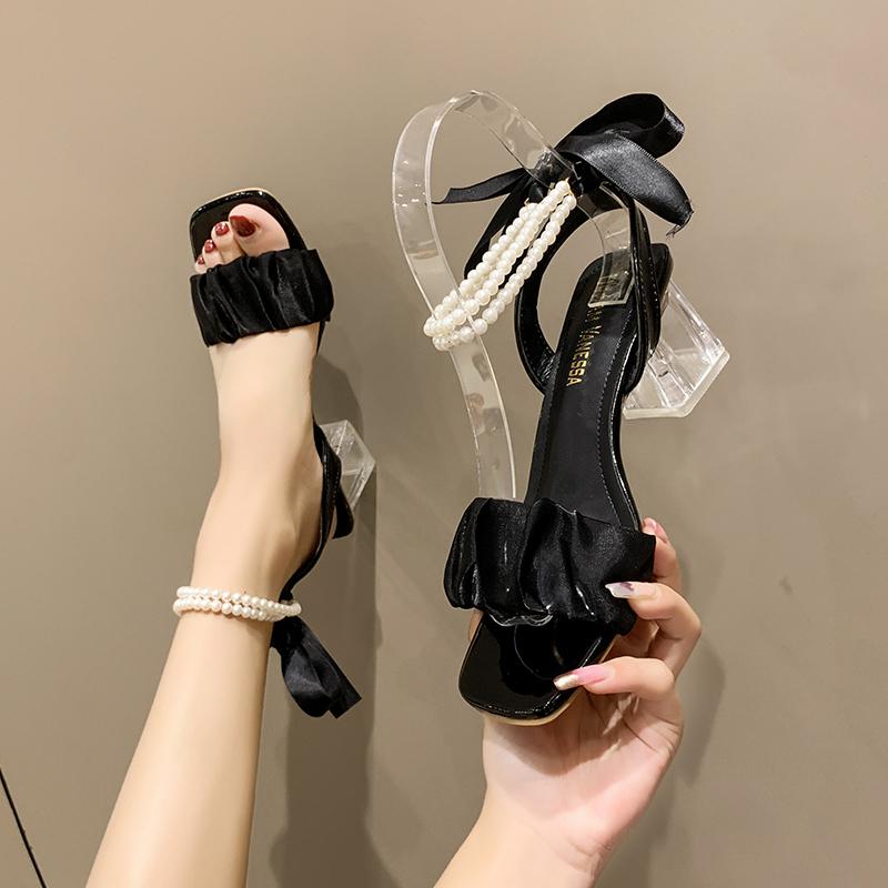 Fashion Fairy Style Square Toe Lace String Bead Wedding Shoes Transparent High Heels Elegant  Women Summer High Heeled Sandals