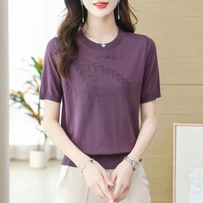 T-shirt d'été à manches courtes pour femme, haut en tricot fin et ample