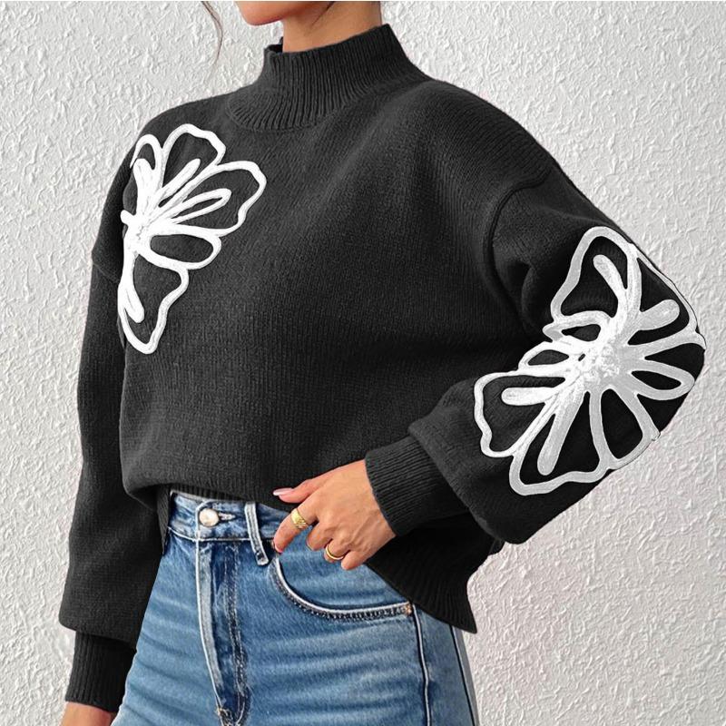 Women's Autumn and Winter Tops Three-dimensional Ribbon Embroidered Flowers Half Turtleneck Lantern Sleeve Pullover Sweater
