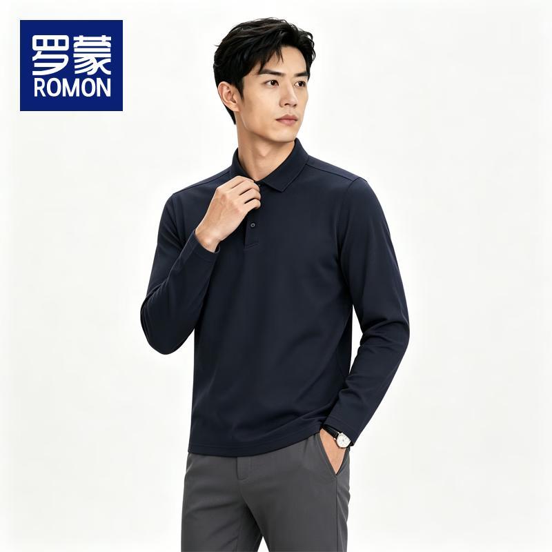 ROMON Men's Long-Sleeve Business Casual Polo Shirt