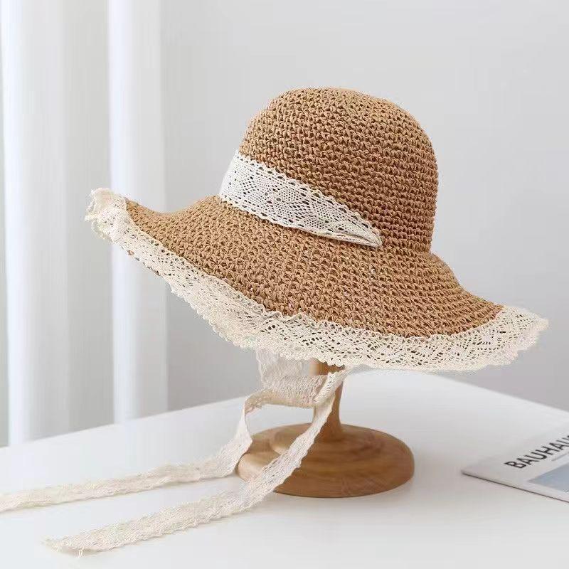 

Straw hat ins lace-up hollow straw hat women s summer travel sunscreen beach sun hat lace edge sun hat хакі