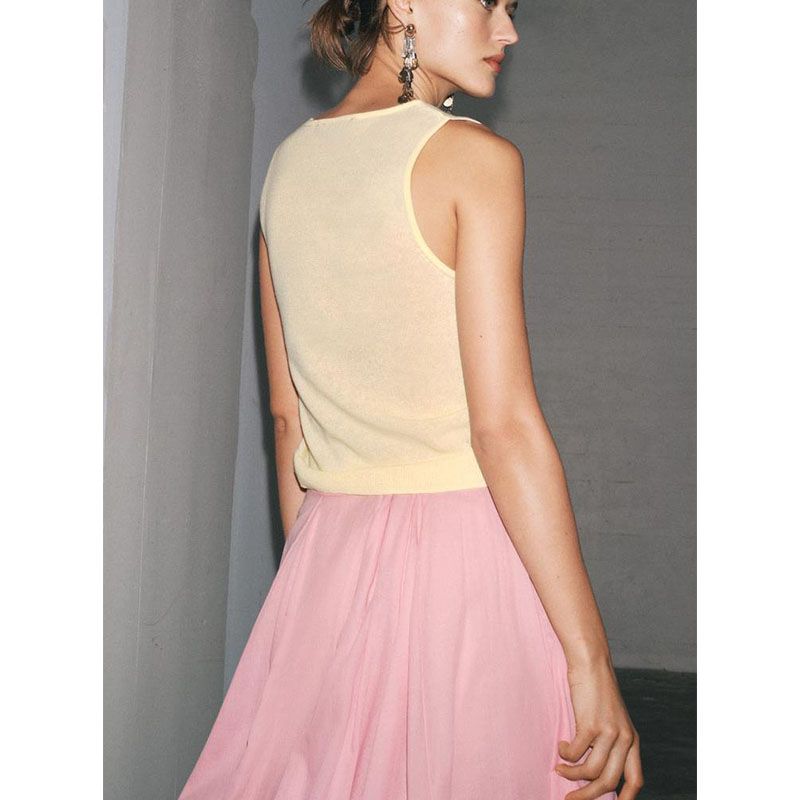 Summer New Product Women's Clothes American Minimalist Style Casual Plain Stitch round Neck Sleeveless Plaid Thin Top 3519039