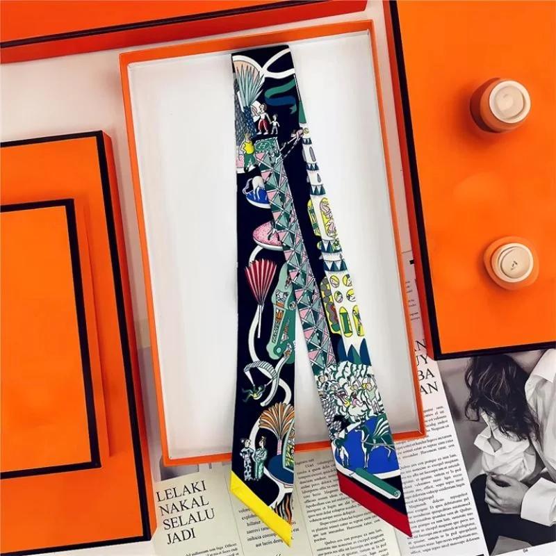 100% Silk High Quality Luxury Brand Goods Scarf Women Headband Foulard Tie Ribbon Neckerchief Skinny Scarves Hair Accessories