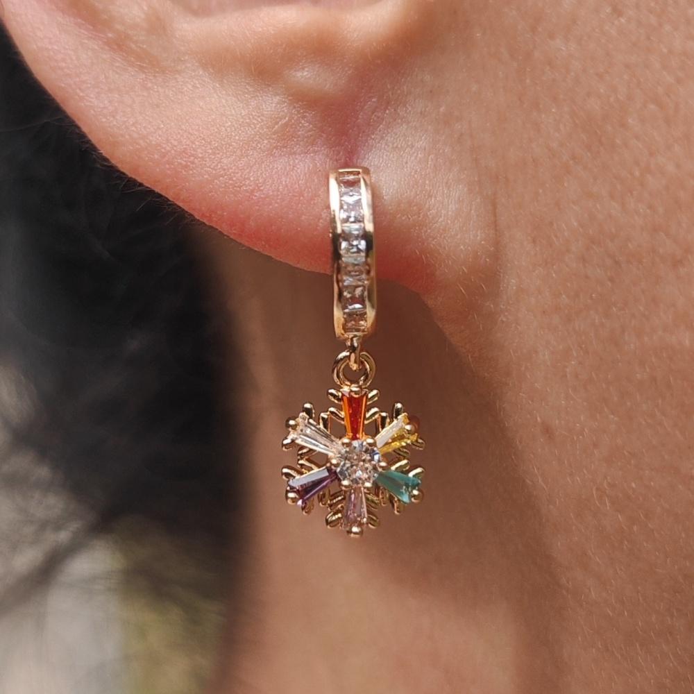 1 Pair Fashion Colorful Snowflake Zirconia Dangle Earrings for Women Golden Earring Jewelry Wedding Party Accessories