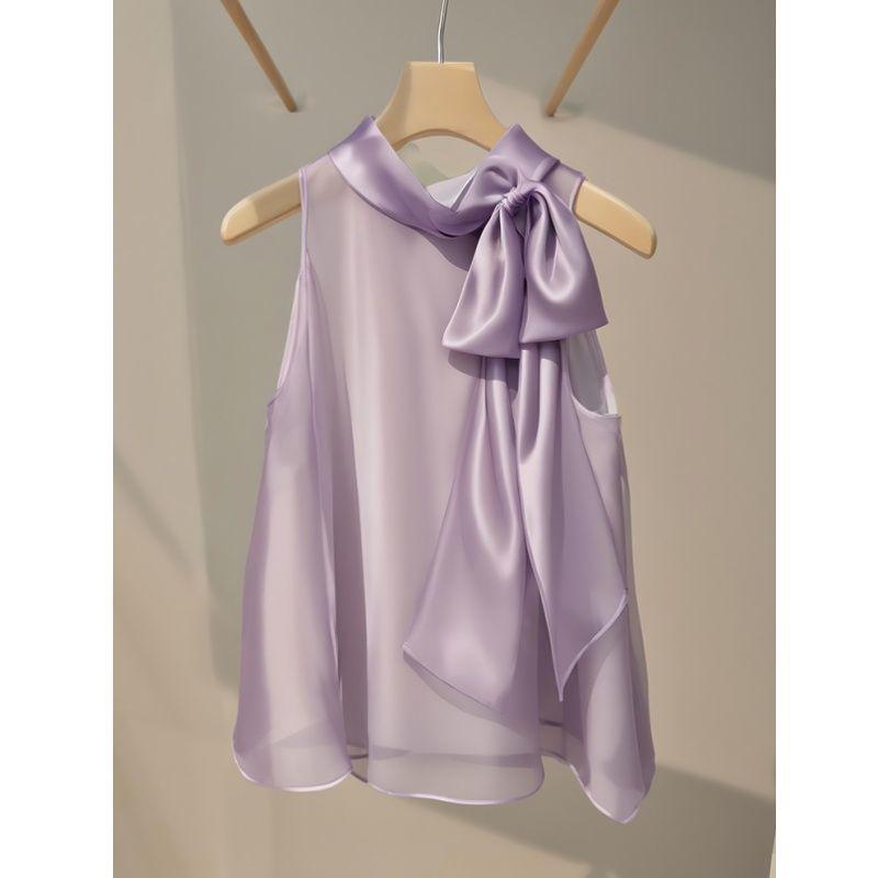 

Причудливая блузка из шифона цвета французской лаванды с бантом – Без рукавов, Свободная, Сказочный летний топ для женщин 2XL