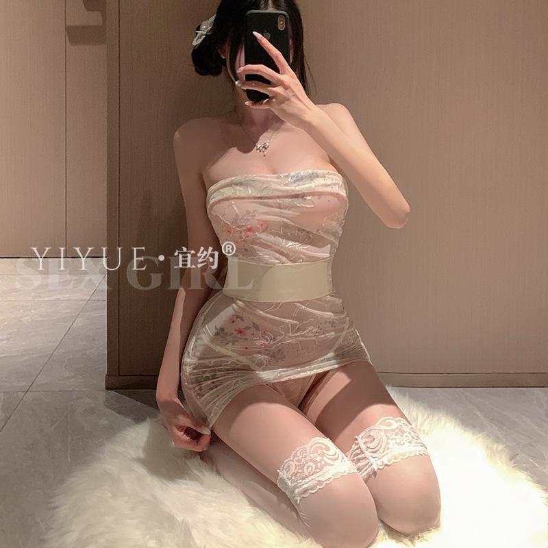 Sexy Pure Desire Embroidered Strapless Ancient-style Kimono, Hip-hugging Romantic Underwear Uniform Seductive Pajama Set 1116