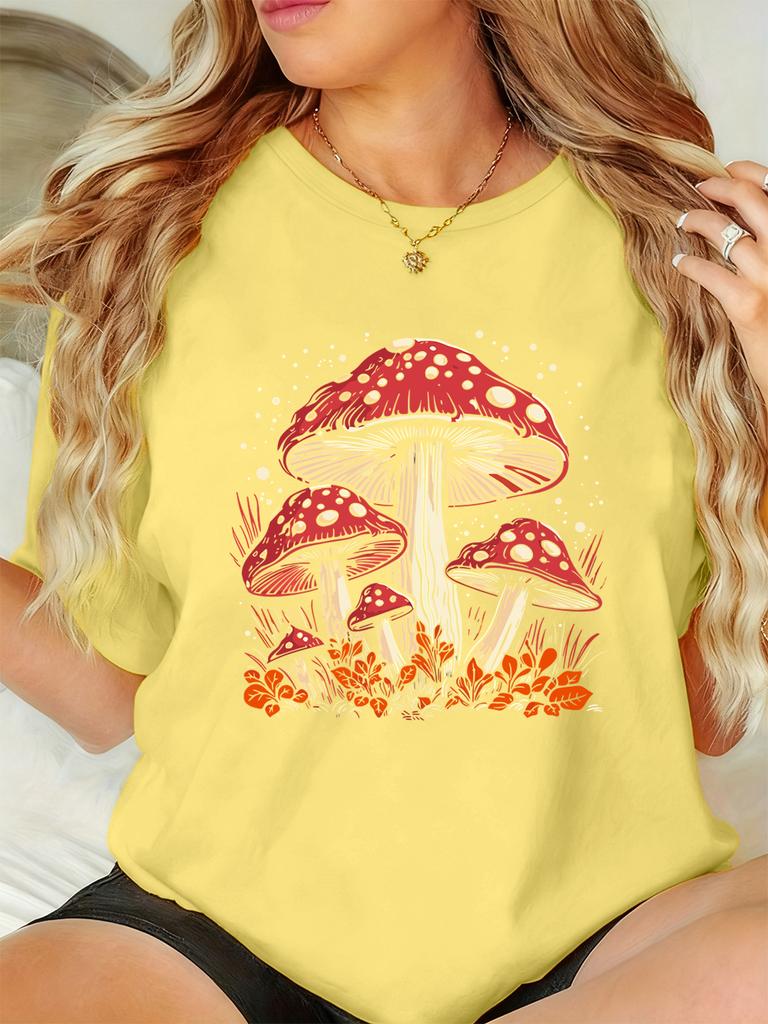 Red Mushroom Personality Prints TShirts Women Summer Short Sleeve Tops ONeck Soft T Shirt Basics Comfortable Womans Clothes