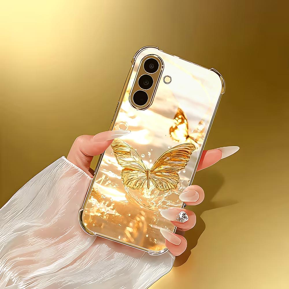 Goldene Schmetterling beschichtete Glas Handyhülle geeignet für Samsung Galaxy S26 S25 S24 S23 S22 S20 FE/Ultra/Plus sturzsichere Rückabdeckung