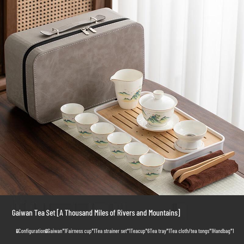 Qianli Jiangshan Mutton-fat Jade Porcelain Gaiwan Tea Set