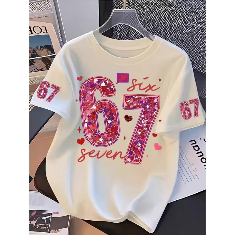 2026 Summer Valentine's Day Exclusive Sequin Print T-Shirt for Girls, Pure Cotton, Crew Neck, Comfortable and Breathable Clothes