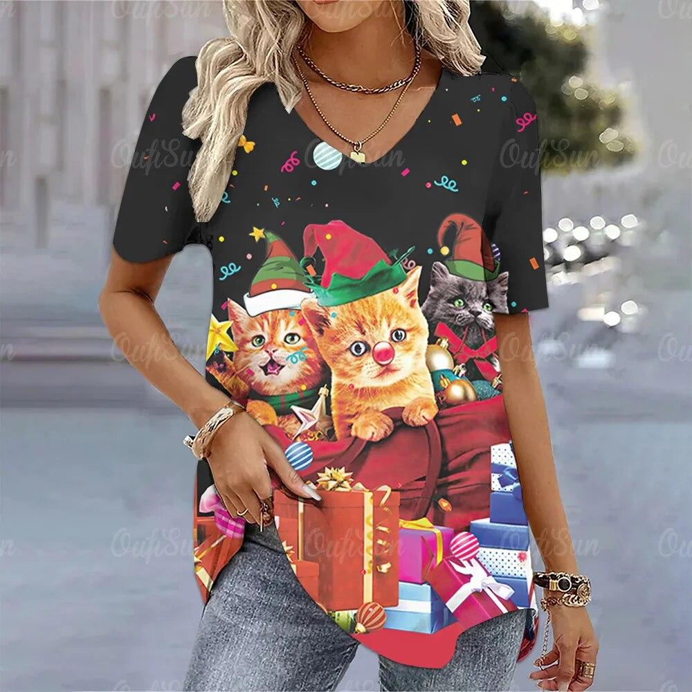 2024 neue Weihnachten Katze Gedruckt T-Shirt Für Frauen Sommer Mode Kawaii Damen Kurzarm T Shirt Tops Festival Femele Kleidung
