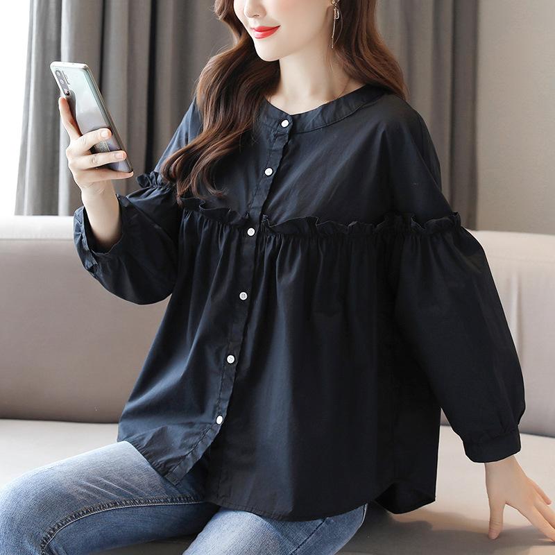 

Crew Neck White Shirt Women s Long Sleeves Spring Loose Top Fungus Edge Pure Cotton Shirt M білий