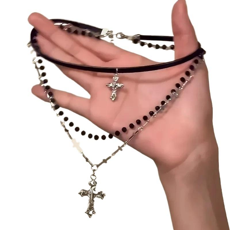 New Spicy Girl Multi-layer Cross Necklace Punk Bead Long Pendant Retro Sweet Cool Hip-hop Women's Gift Creative Fashion