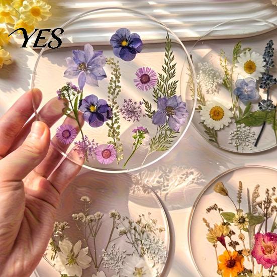 Decorative Acrylic Coasters Floral Print Coaster, Non-Slip Surface Heat Resistant Protection Cup Pad, Modern Kitchen Table Decor Transparent Round Mat