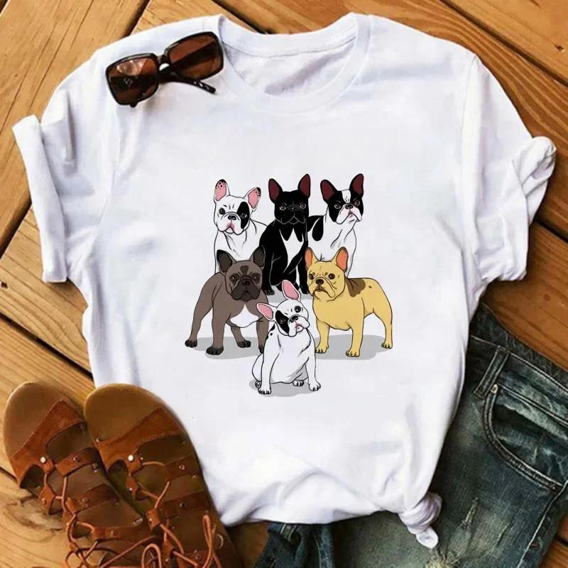Fun Cute French Bulldog T-shirts Animal Harajuku Print Pattern Short Sleeves  Pure Cotton Women's T-shirts