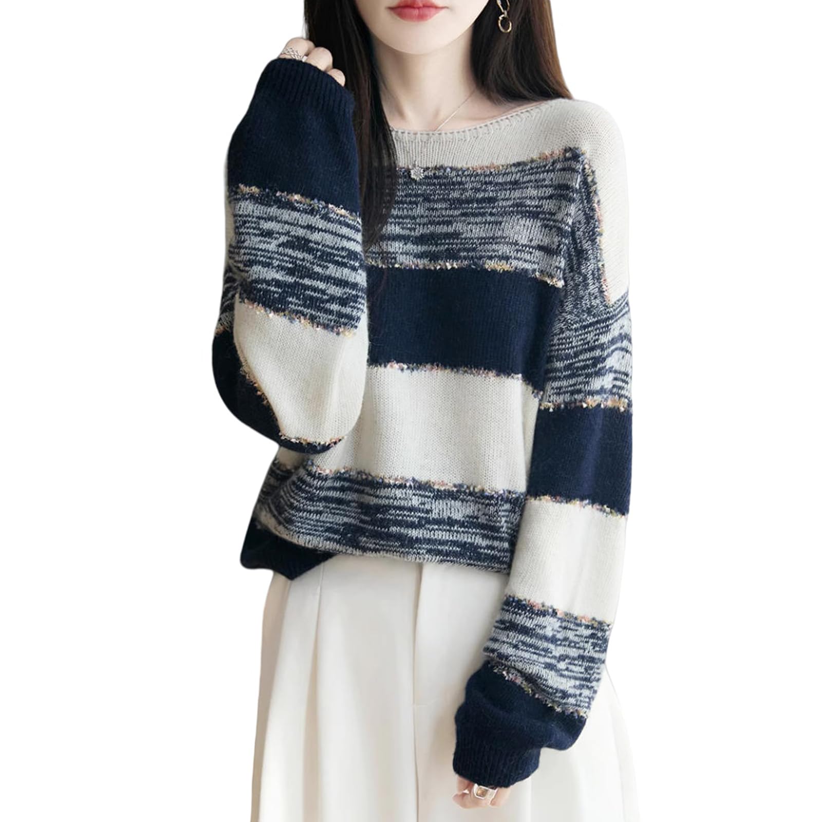 Striped Boat Long Cut and Loose Perfect for and Winter [xppe] Women s Sweater, Neck, Two-Tone, Sleeve, Knit, Sewn, Pullover, Lightweight, Fit, Cute,