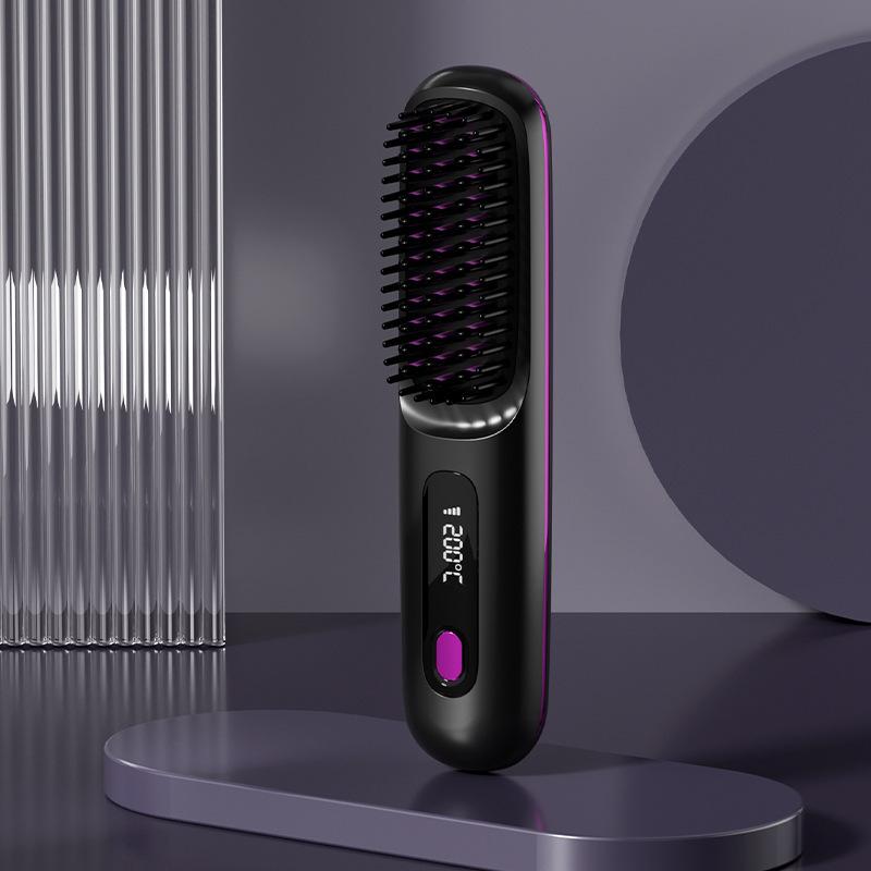 Hair Straightener Brush with LCD Display Cordless USB Charging Straightener Portable Mini Straightening Brush for Home Travel