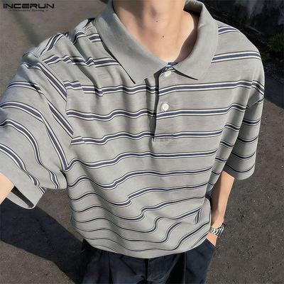 Sommer Herren Reverskragen Kurzarm Nähte Gestreifte Lässige T-Shirts Tops