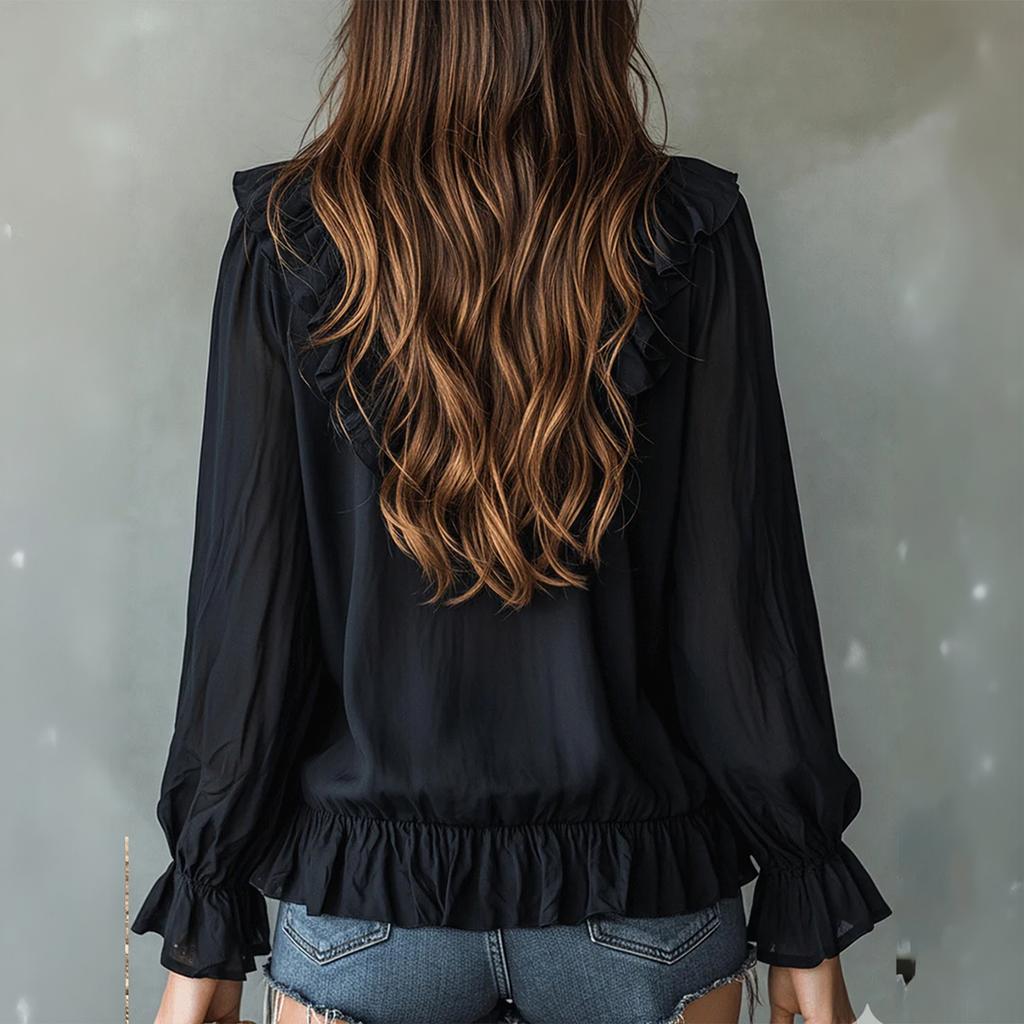 Women's V-Neck Ruffle Blouse Long Sleeve Casual Loose Fit Color Top