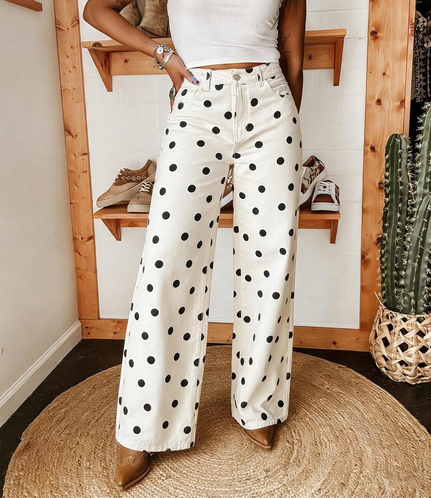 European Style Polka Dot Casual Mid-Waist Non-Stretch Long Denim Pants for Women