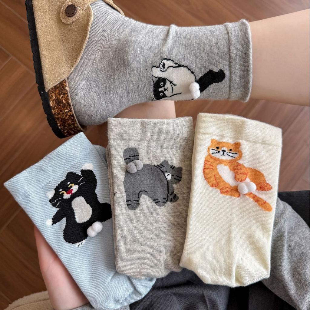 Cartoon Cat Egg Socks Medium Tube Socks Tide Spring And Autumn Cotton Socks Cute Accessories Animal Kitten Stockings