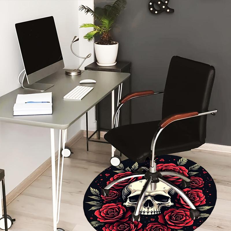 1pc Skull and Roses Tattoo Design Round Carpet, Made of Polyester,Perfect for Decorating Office Chairs, Living Rooms,Vibrant Decorative Rug