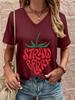 Cute Strawberry Letter Print V-Neck T-Shirt, Women's Casual Summer Short Sleeve Tee for Daily & Vacation