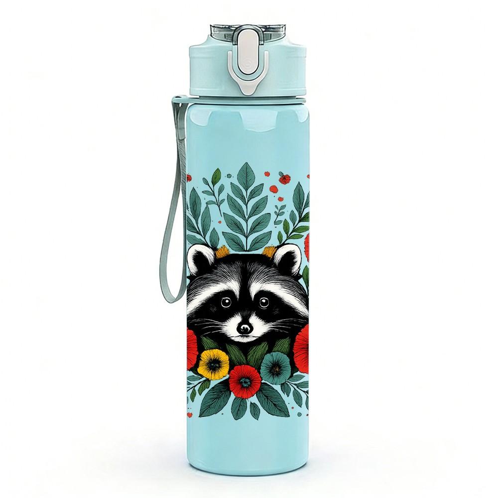 1PC Floral Raccoon Portrait 750ml Color Plastic Sports Water Bottle Leakproof Flip Straw Lid Suitable for Sports Office Home Use