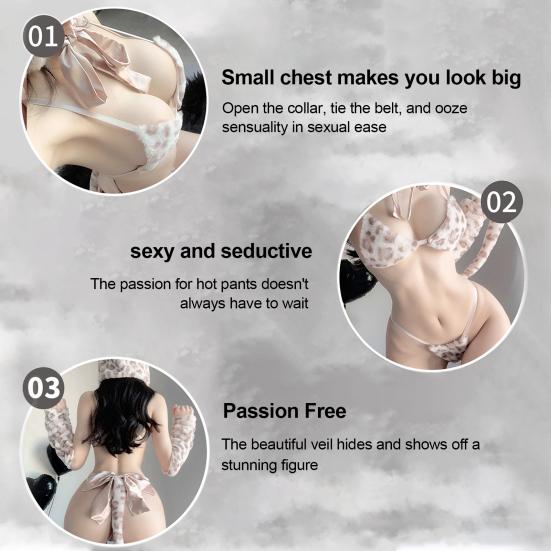 5ks/sada Ženy Sexy leopardí spodní prádlo Set Kreslený náušník Sling Podprsenka Šněrovací Tanga s rukávem Elastické návleky na stehnech Set Cosplay na hraní rolí