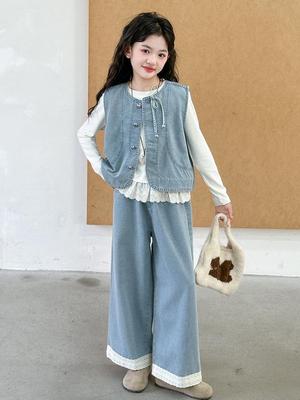 Girls' Denim Vest and Lace Pants Set – Long Sleeve Base Shirt Included (Spring/Autumn 2025)
