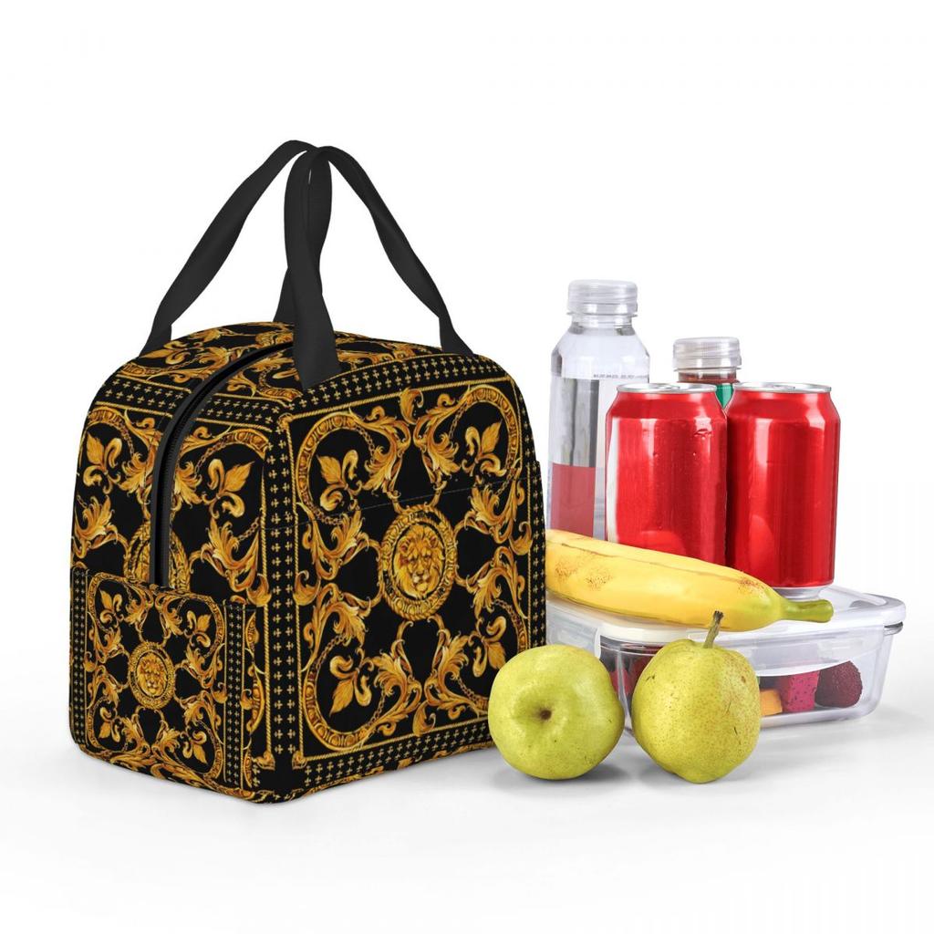 Golden Lion Baroque Pattern Insulated Lunch Bag for Women Kids Portable Food Boxes Thermal Lunch Box Tote