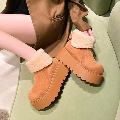 Retro platform sneeuwlaarzen dames winter 2025 nieuw veelzijdig verhogend opgestapeld verdikt grote kop brood katoenschoenen