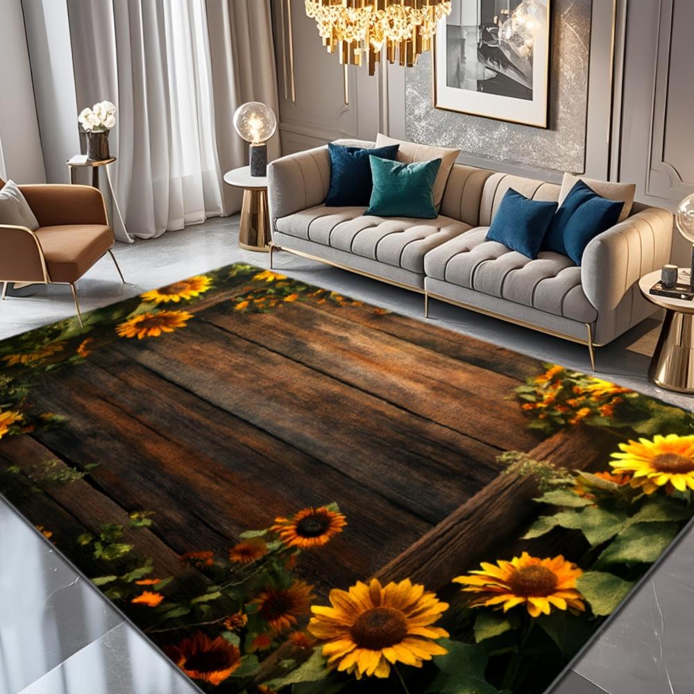 Washable Sunflower Wood Grain Patterned Rugs for Living Rooms, Bathroom Mats, Room Decorations, Large Soft Carpets for Bedrooms