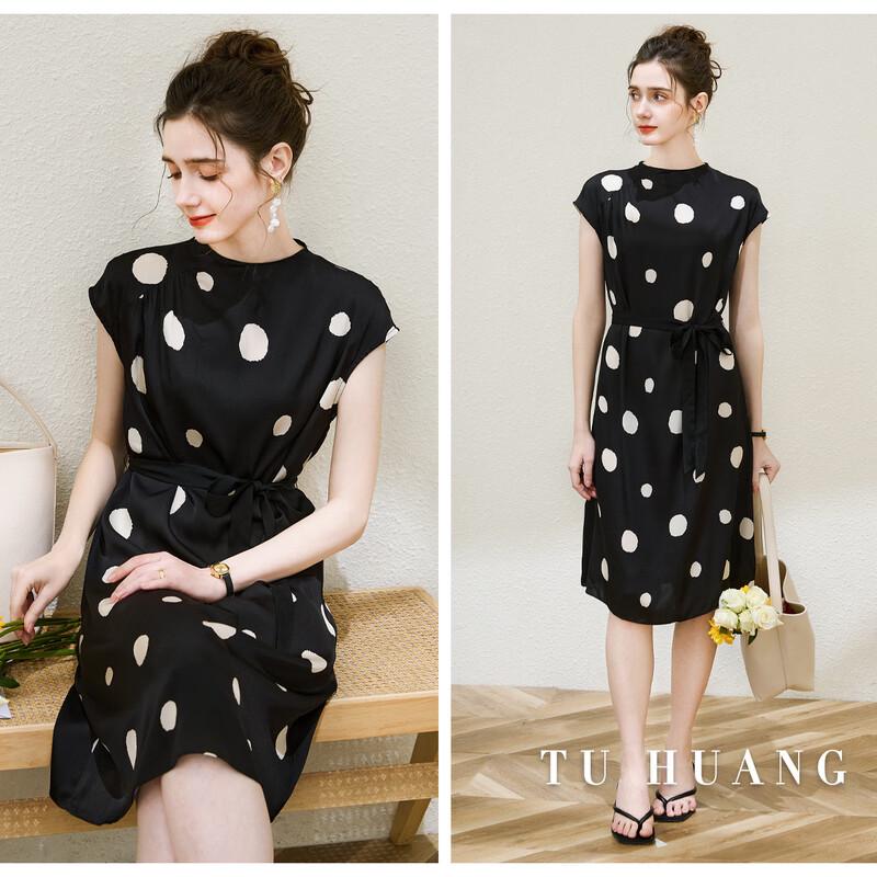 TUHUANG Hepburn Stil Maulbeerseide Gepunktetes A-Linien Midi-Kleid