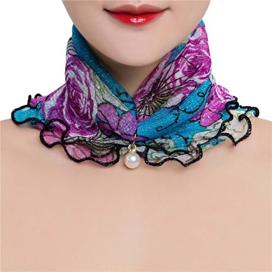Scarf Painting Print Imitation Pearl Durable Ruffle Edge Lady Headscarf for Banquet